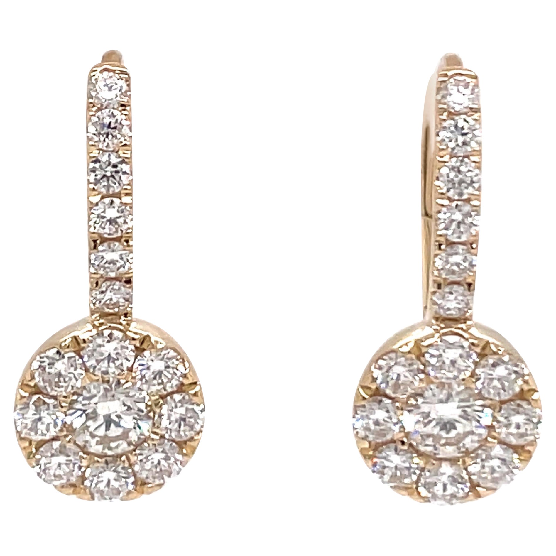 Diamond Cluster Drop Earrings 0.82 Carats 14 Karat Yellow Gold 2.3 Grams For Sale