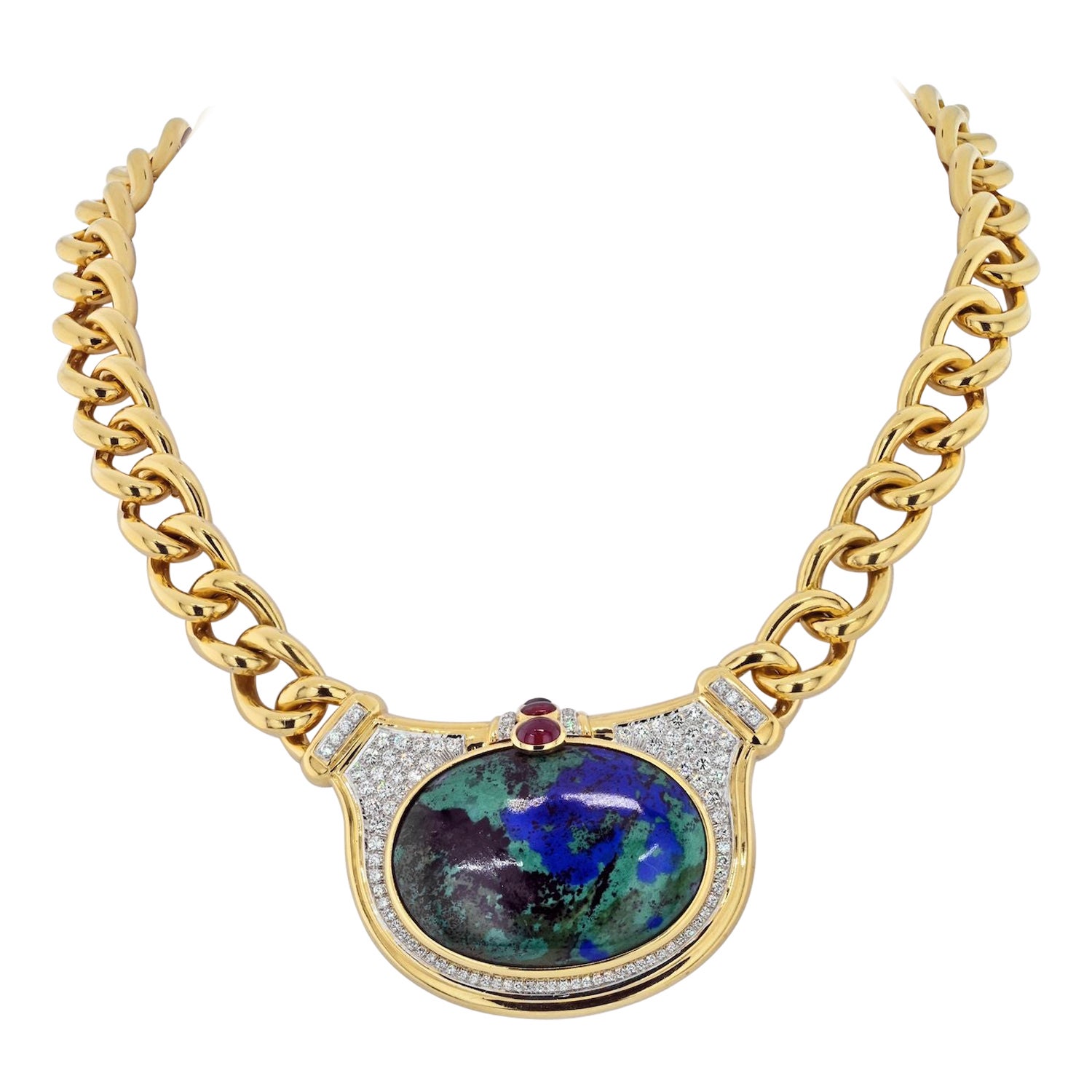 David Webb 18K Gold Azurmalachite And Diamond Chain Link Necklace For Sale