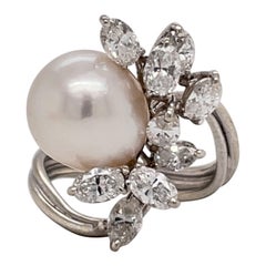 Vintage Australian South Sea Pearl Diamond Cluster Cocktail Ring 2 Carats 14K White Gold