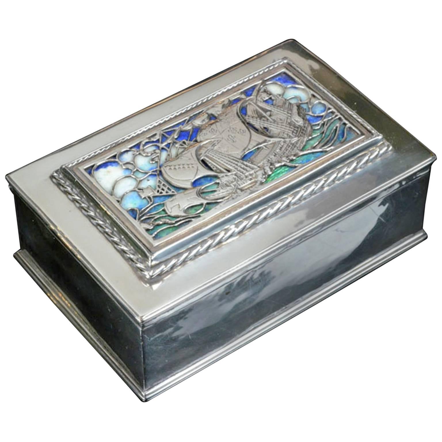 Silver & Enamel Galleon Cigarette Box By Omar Ramsden 1925