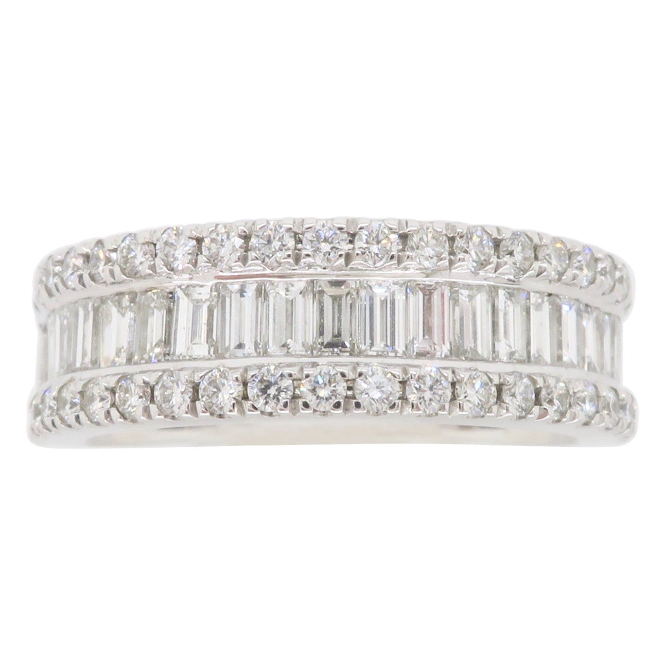 Baguette & Round Three Row Diamond Ring For Sale