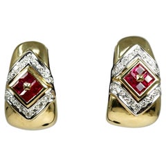 Yellow Gold White Plate Ruby Diamond Earrings