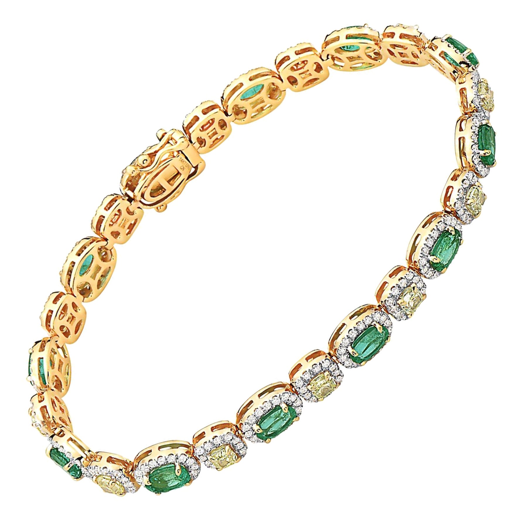 Bracelet d'émeraudes de 4,50 carats certifiées IGI avec diamants jaunes et blancs en 14 carats