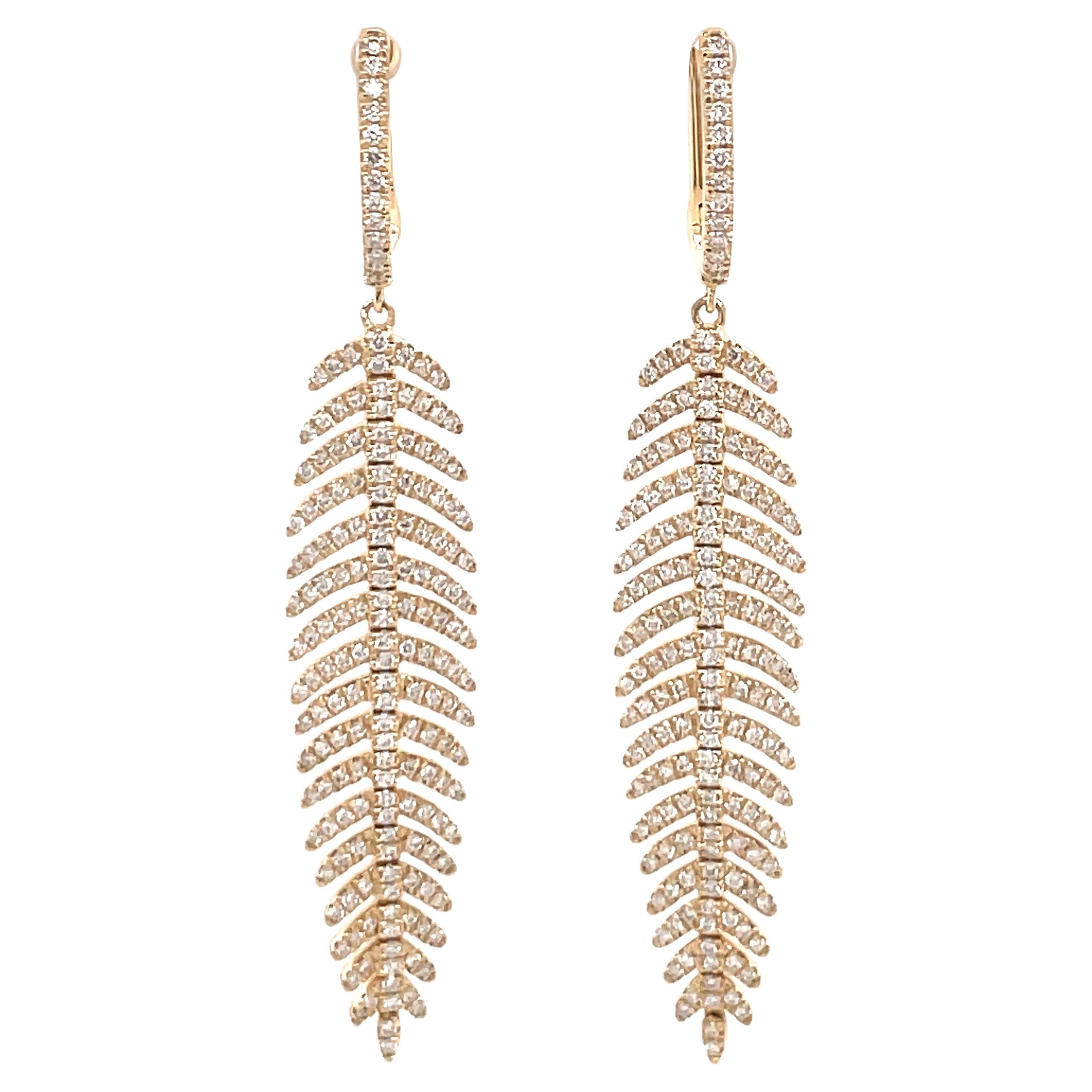 Flexible Diamond Feather Drop Earrings 1.28 Carats 14K Yellow Gold 9.2 Grams