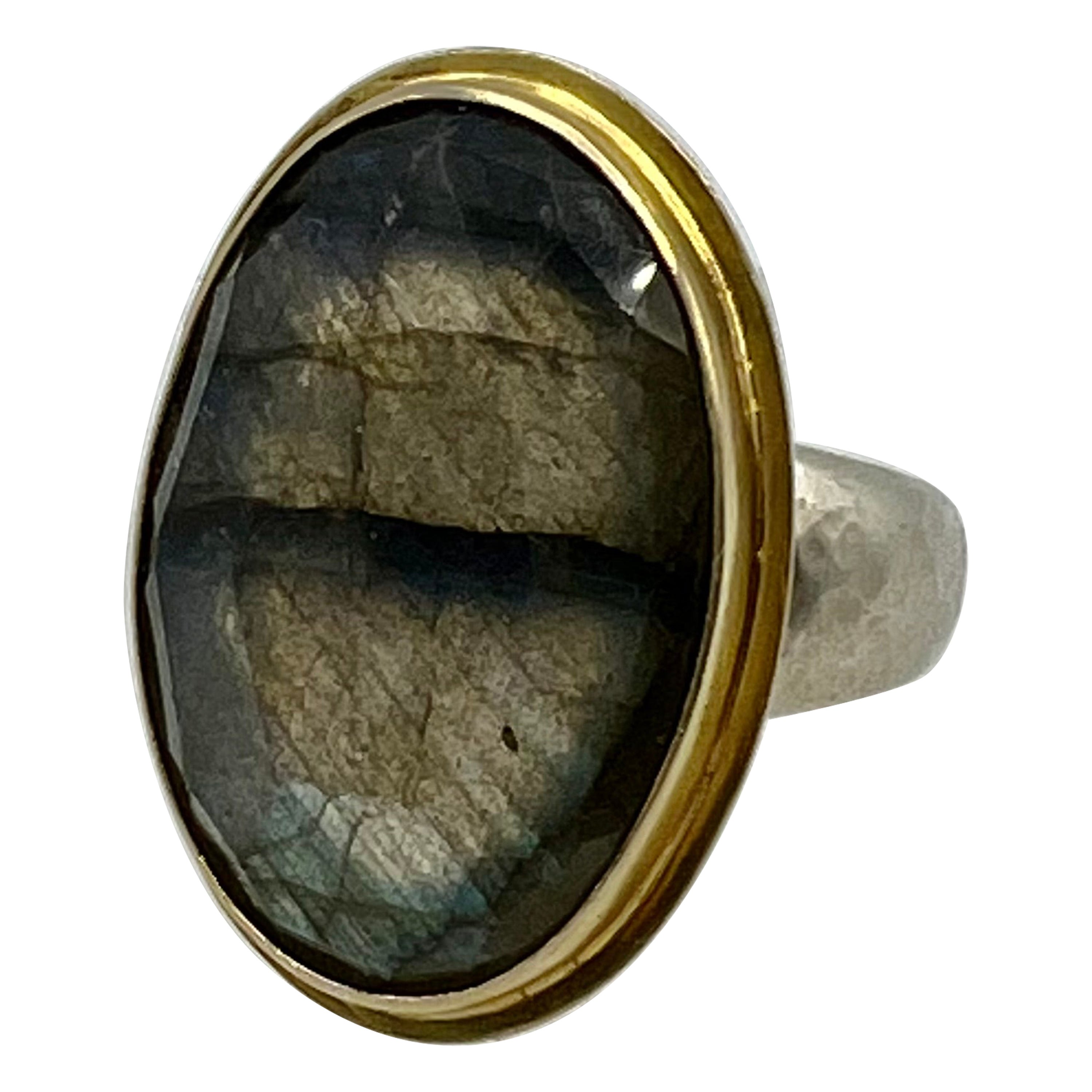 Labradorite Rose 18 Carat Cut Oval Set in 18 Karat with Hammered Silver Ring For Sale