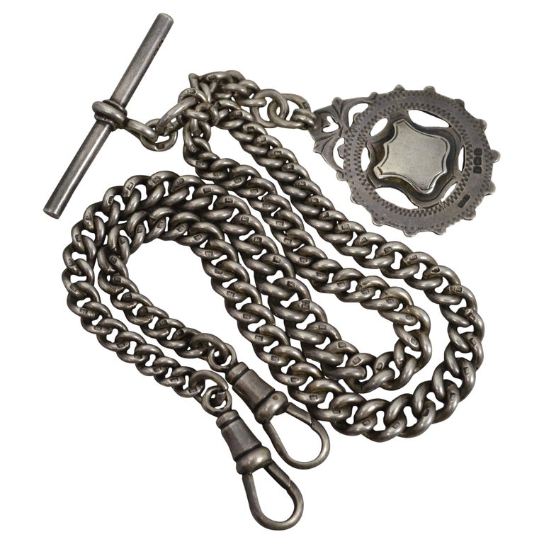 Antique Sterling Silver Double Albert Pocket Watch Chain For Sale at