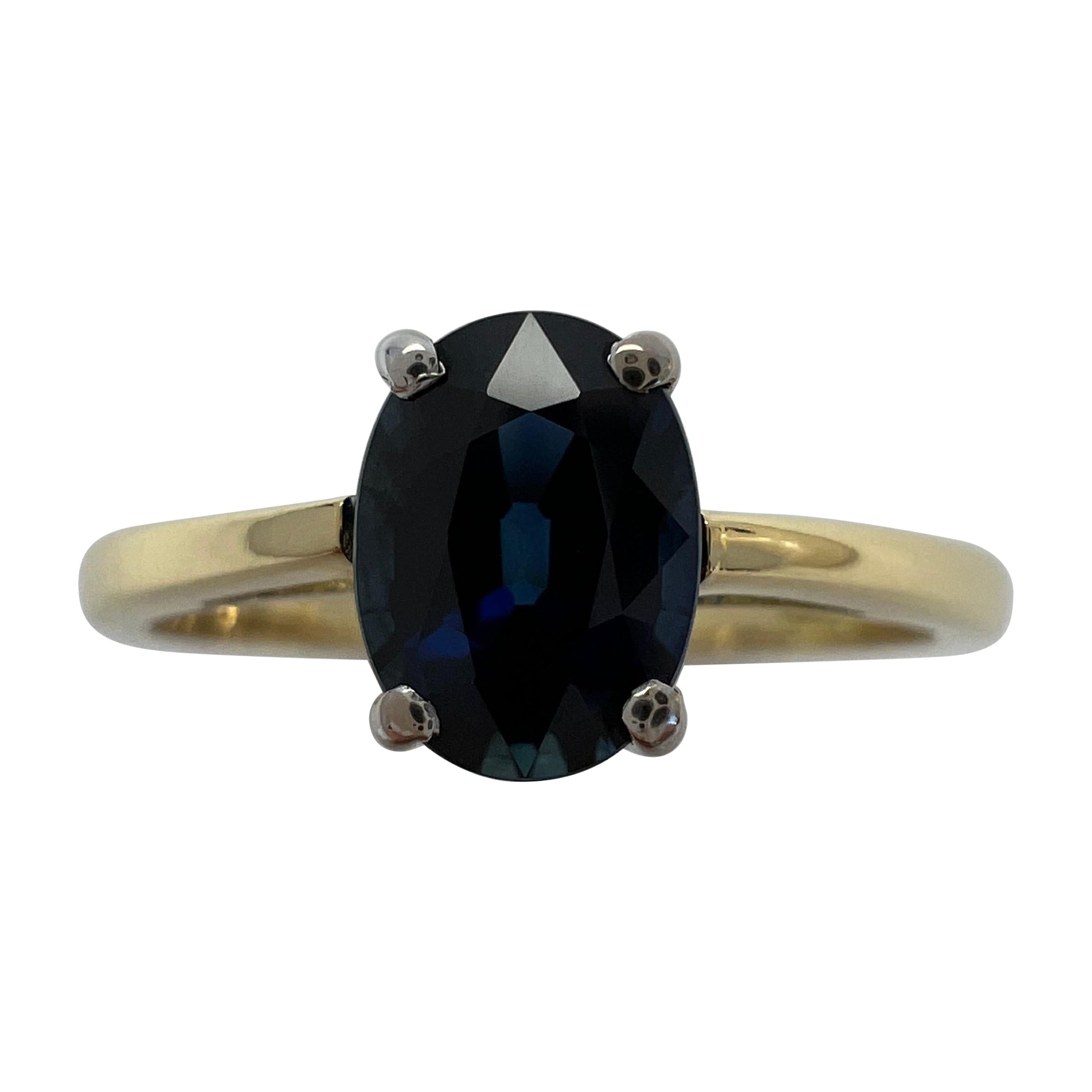 Fine 1.13ct Natural Deep Blue Sapphire Oval 18k White Yellow Gold Solitaire Ring For Sale