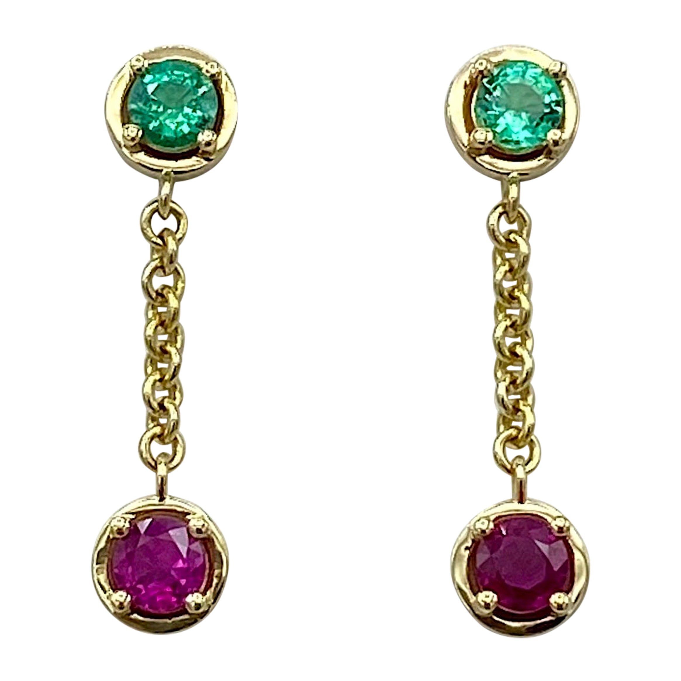 18 Karat Yellow Gold Dangle Earrings Italian Emerald Ruby