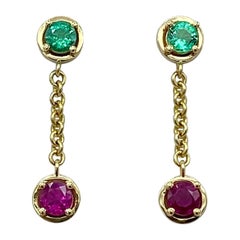 18 Karat Yellow Gold Dangle Earrings Italian Emerald Ruby