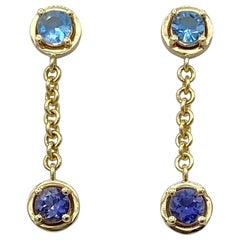 Pendants d'oreilles en or jaune 18 carats avec aigue-marine et iolite d'Italie