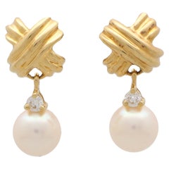 Vintage Tiffany & Co. Signature Diamond and Pearl Drop Earrings in Yellow Gold