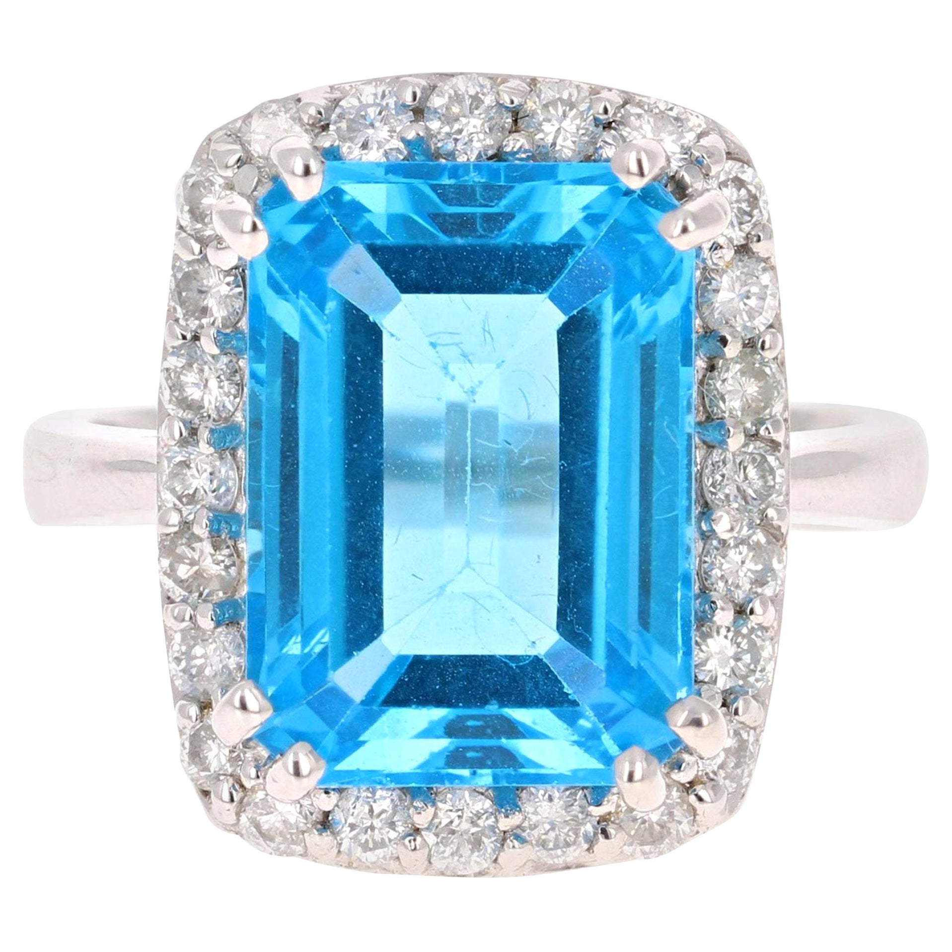 9.88 Carat Blue Topaz Diamond White Gold Cocktail Ring