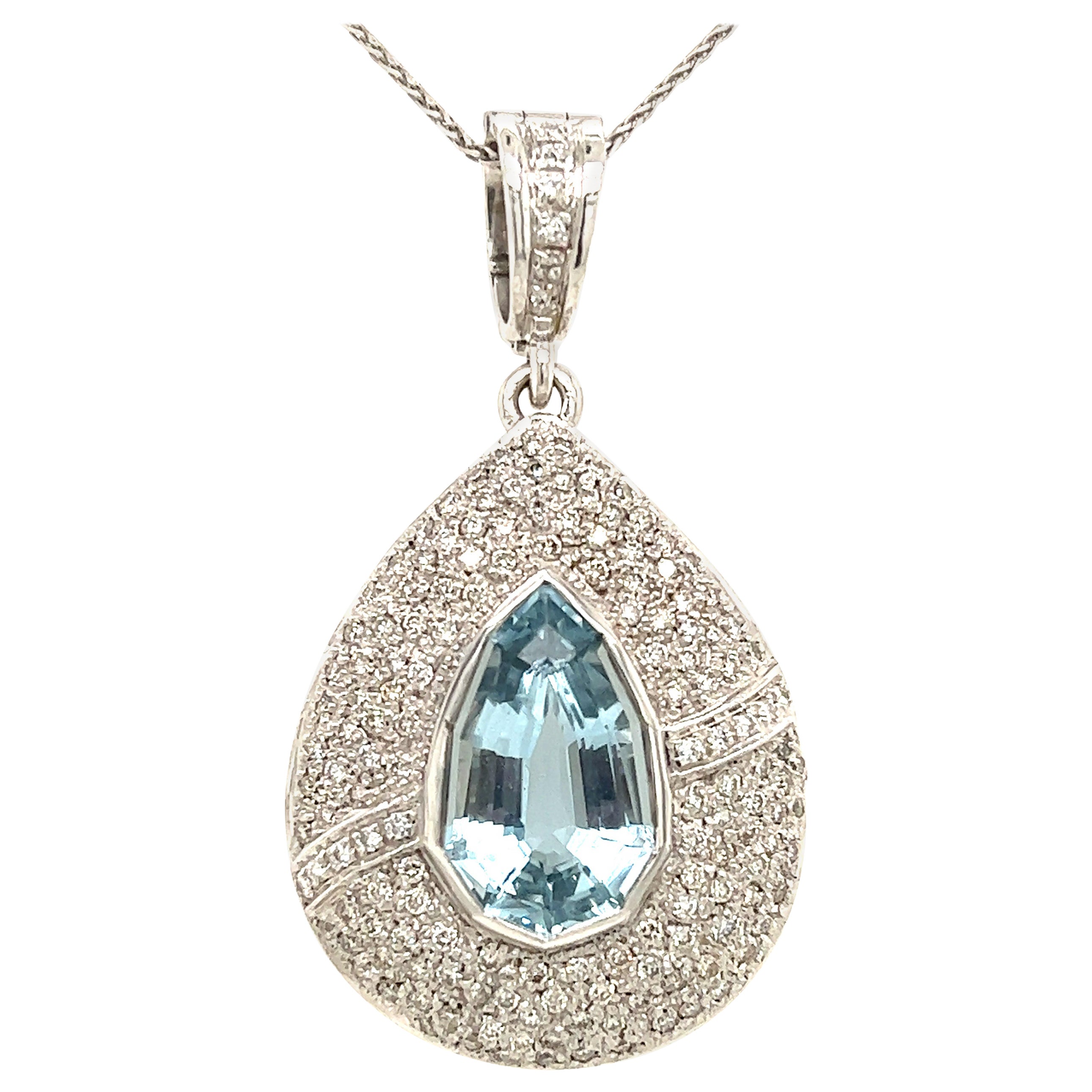 Estate Diamond & Shield Cut Aquamarine Gemstone Pendant For Sale