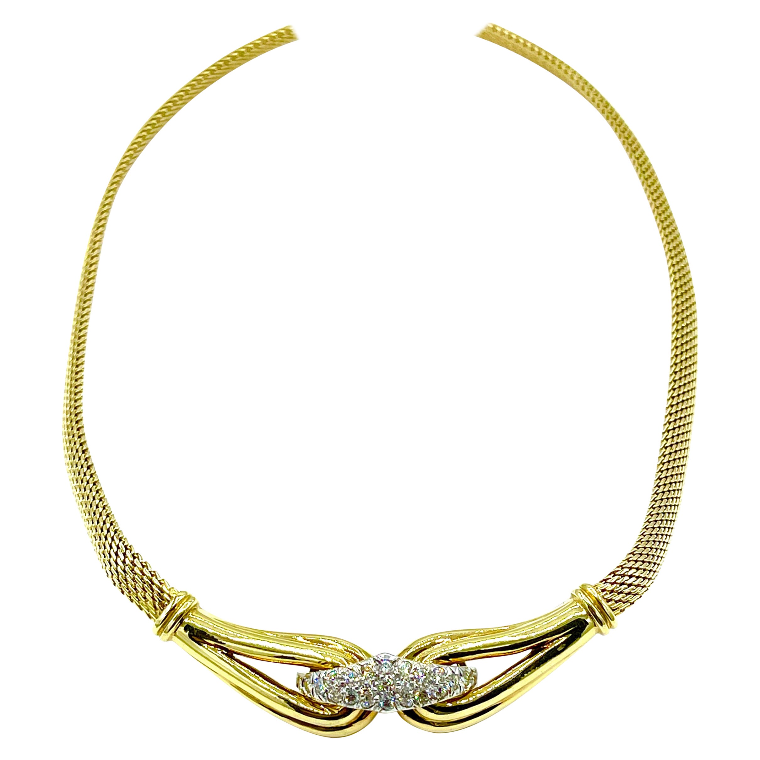 0.75 Carat Pave Diamond Station Yellow Gold Omega Style Necklace For Sale