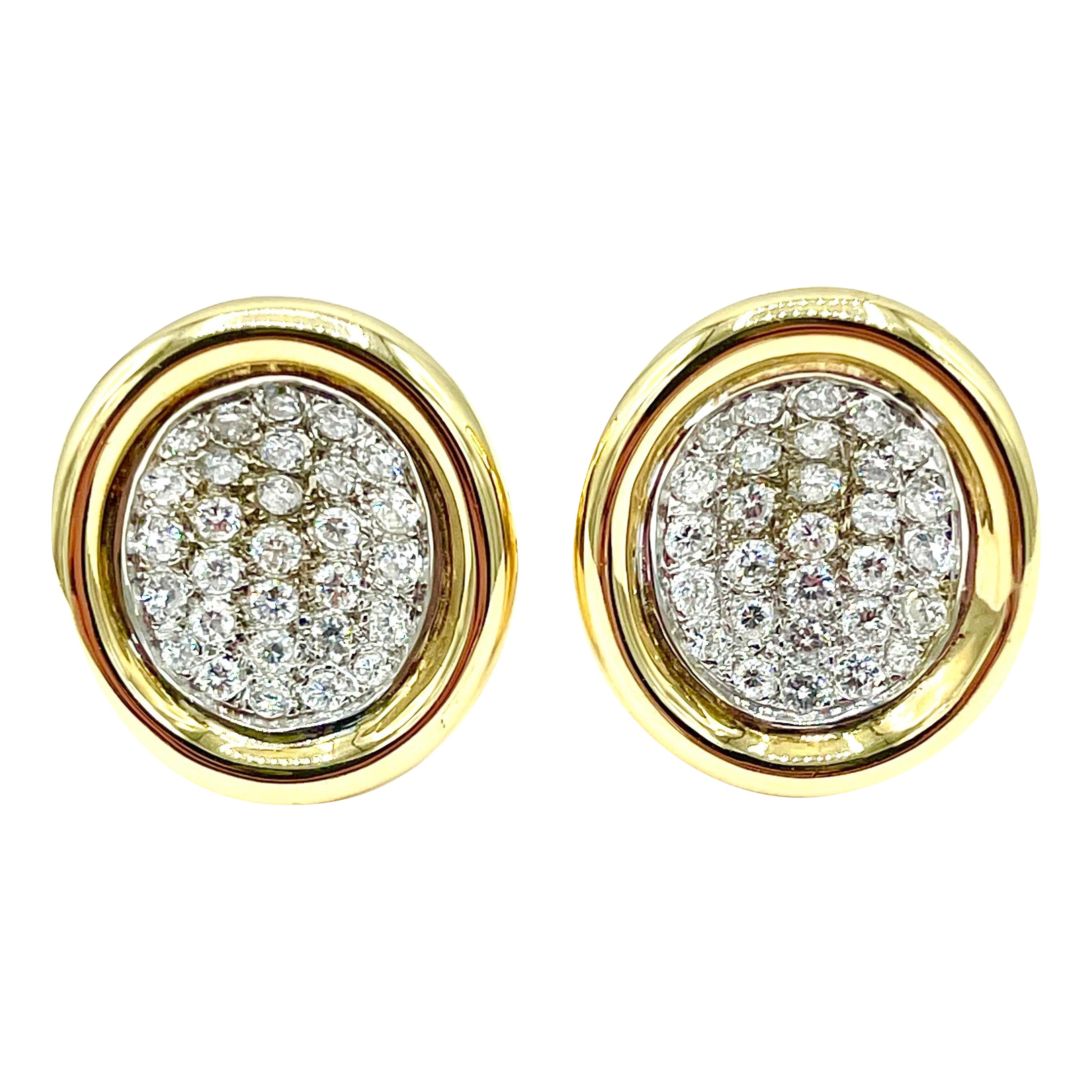 3.00 Carat Pave Diamond and 18K Yellow Gold Clip/Post Earrings For Sale