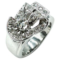 Retro Art Deco Era Round Diamond White Gold Cocktail Fashion Ring