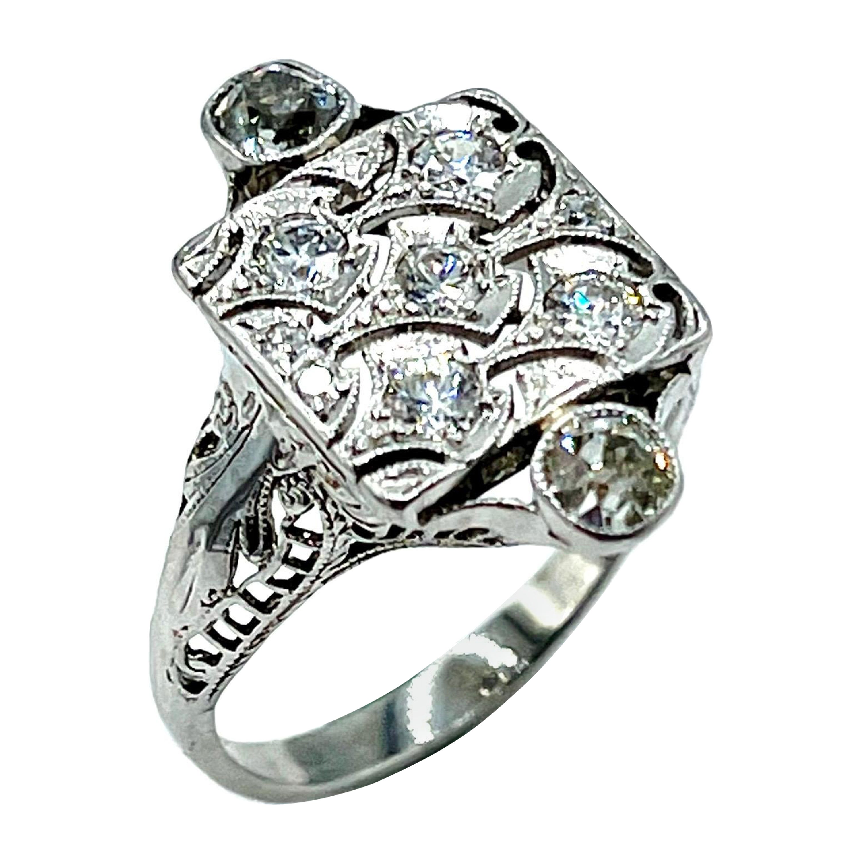 Art Deco Old European Cut Diamond White Gold Cocktail Ring For Sale