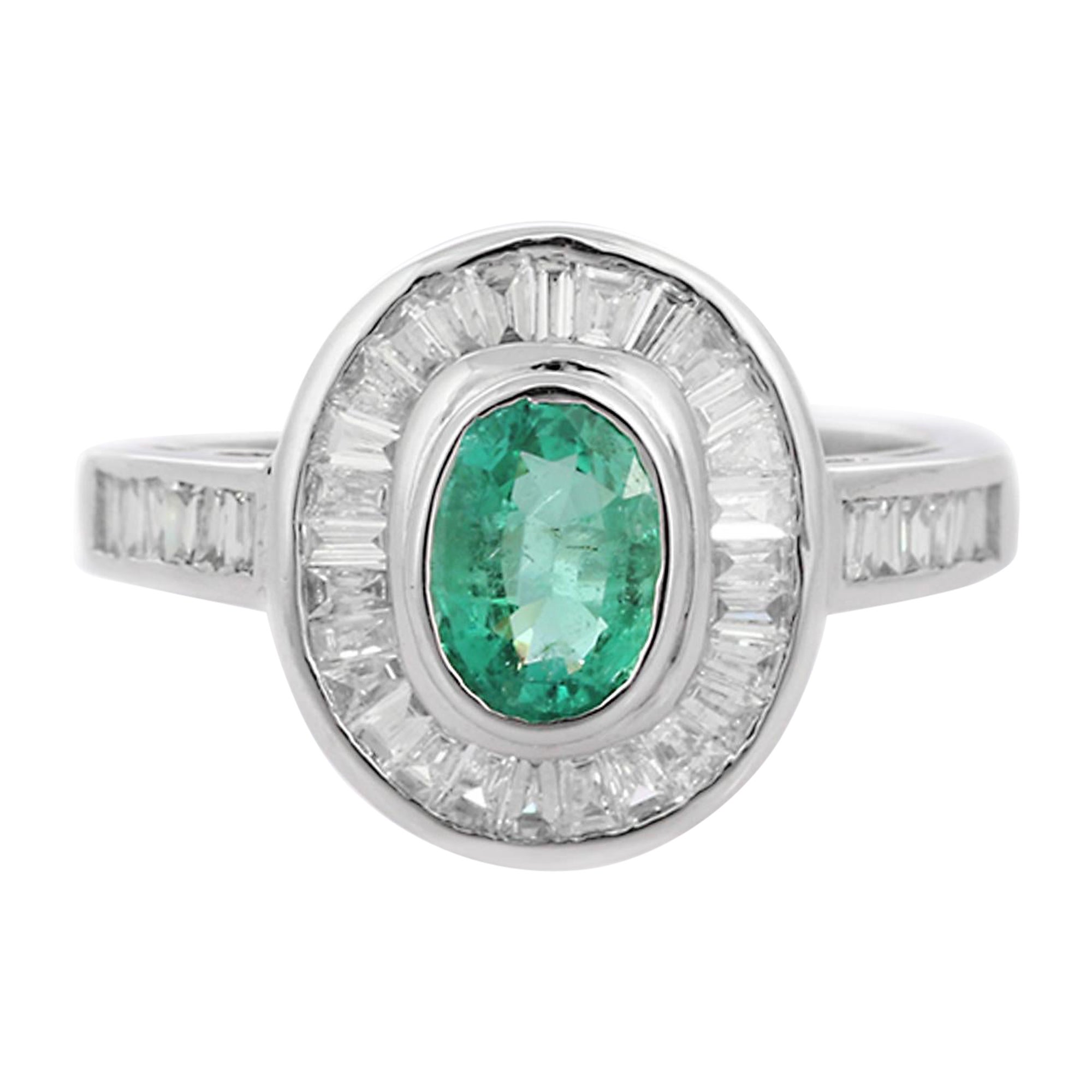 For Sale:  1.56 Carat Emerald Cocktail Ring with Halo of Diamonds in 18K White Gold
