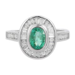 1.56 Carat Emerald Cocktail Ring with Halo of Diamonds in 18K White Gold 