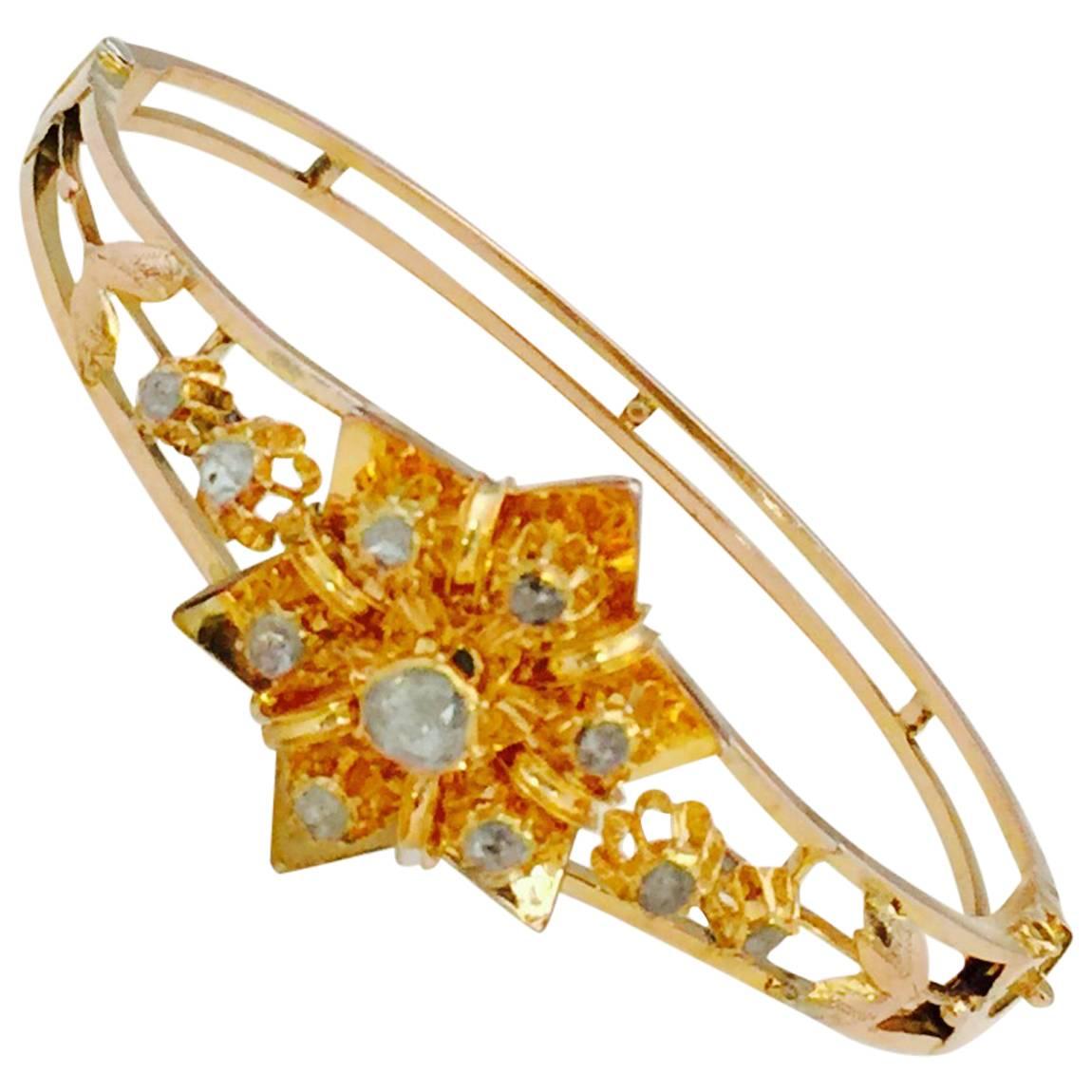 Antique Victorian Rose Cut Diamond Gold Bangle Bracelet For Sale
