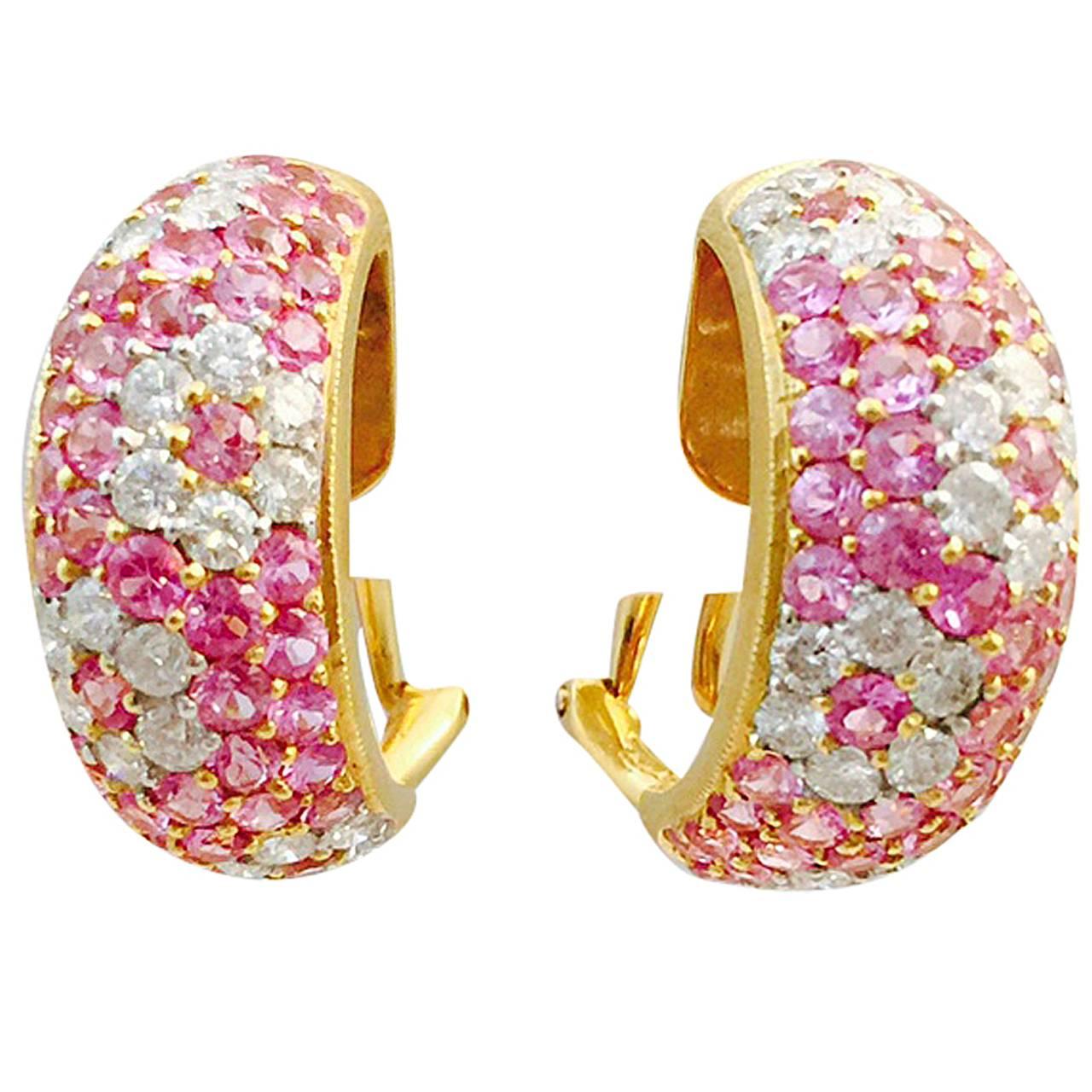Pink Sapphire Diamond Gold Floral Design Hoop Earrings