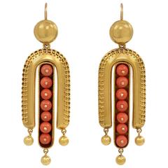 Antique Victorain Coral Gold Etruscan Revival Earrings