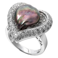 Tahitian Pearl and 1.07ct Natural White Colorless Diamonds Ring