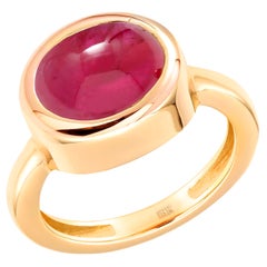 Yellow Gold Cabochon Burma Ruby High Dome Cocktail Solitaire Ring