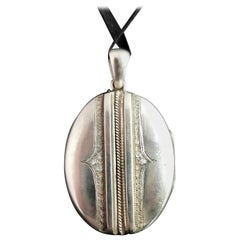 Victorian Silver Locket Pendant, Line Engraved, Aesthetic Era