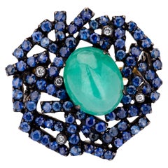 Victorian 7.69 CT. T.W Emerald, Blue Sapphire & Diamond Open Work Ring