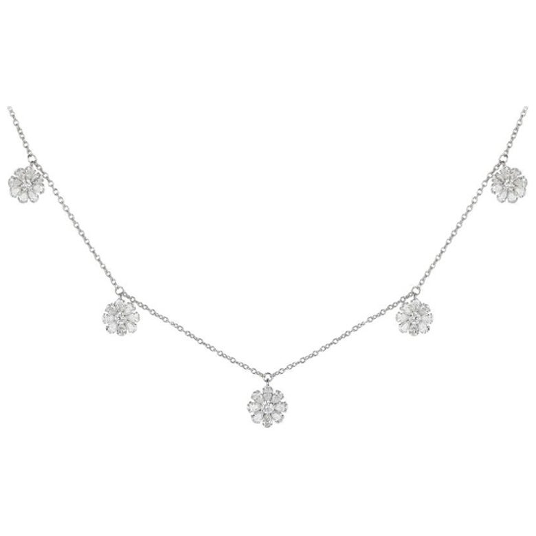 Floral Diamond Charm Necklace in 18K White Gold For Sale