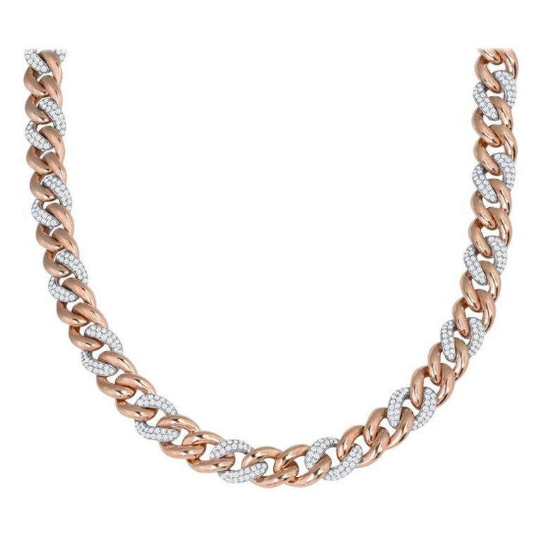Cuban Link Diamond Two-Tone 2 to 1 Chain Necklace in 18K Rose & White Gold For Sale