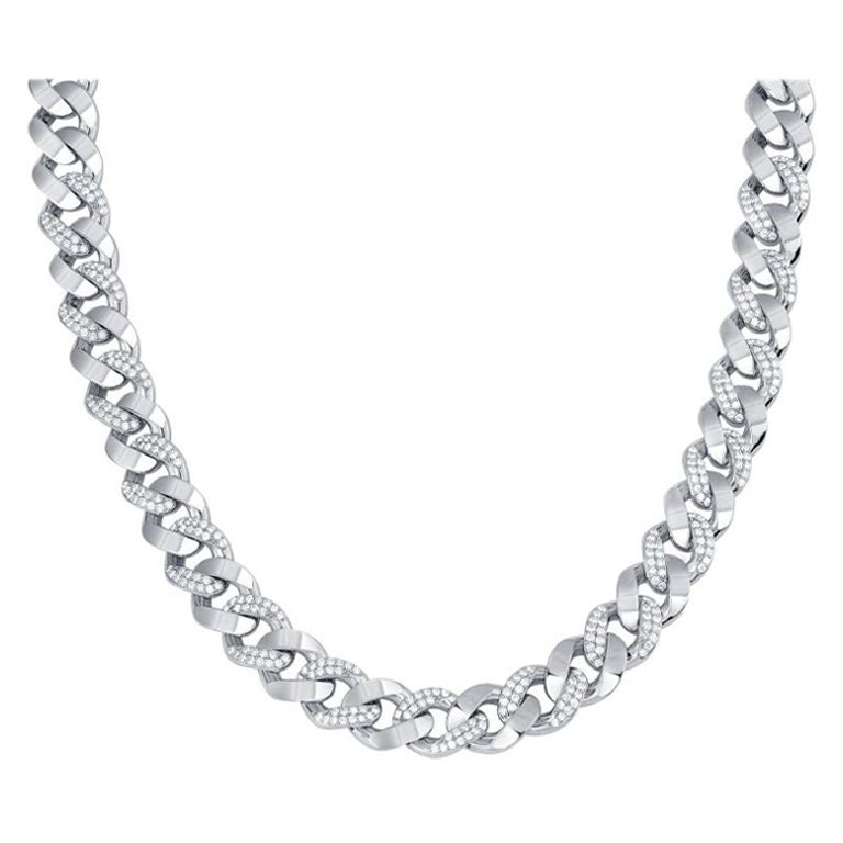 Cuban Chain Diamond Necklace in 18K White Gold For Sale