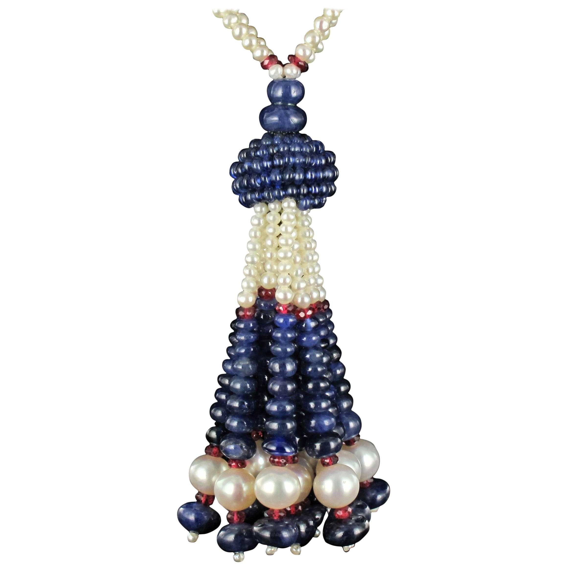 Sapphire Beads Cultured Pearls Tourmalines Beads Pompom Pendant Necklace 