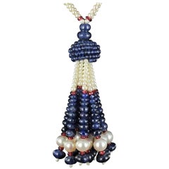 Sapphire Beads Cultured Pearls Tourmalines Beads Pompom Pendant Necklace 