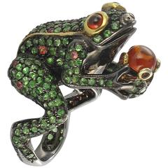 Surprising Tsavorite Garnet Orange Sapphire  and Fire Opal Frog Ring 