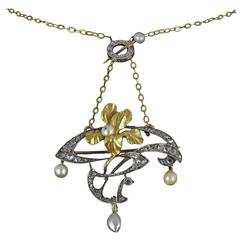 French Art Nouveau Fine Pearl Diamond Silver Gold Pendant Brooch 1
