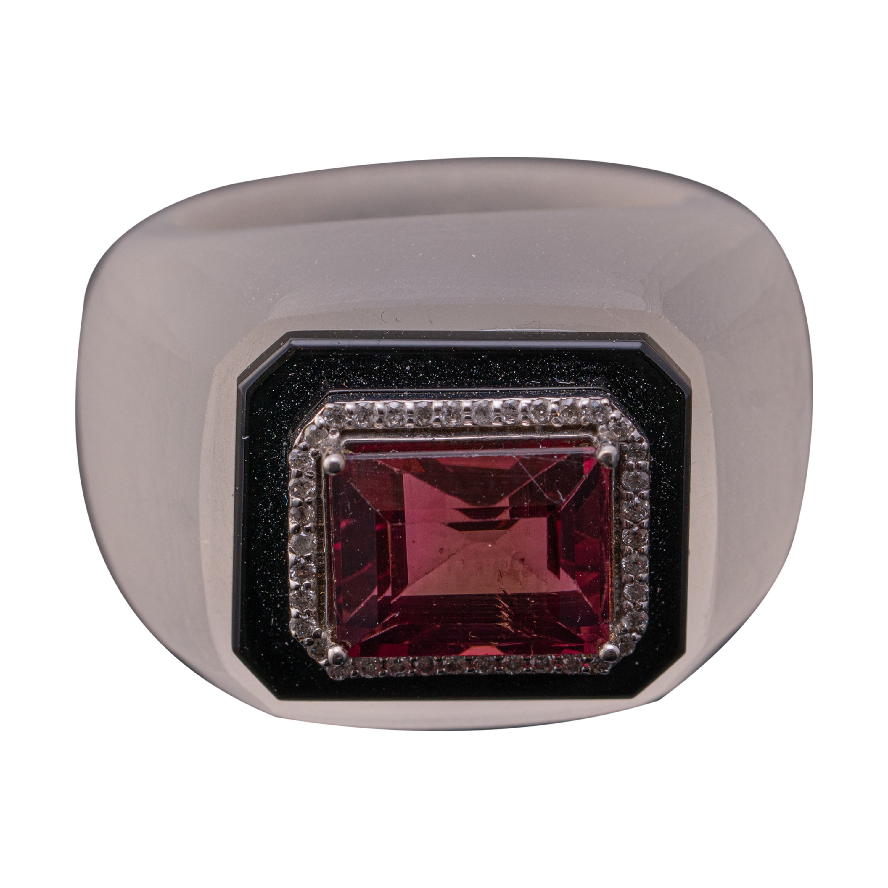 Bague cocktail Art déco en cristal de roche certifié et tourmaline rose et rubis en vente