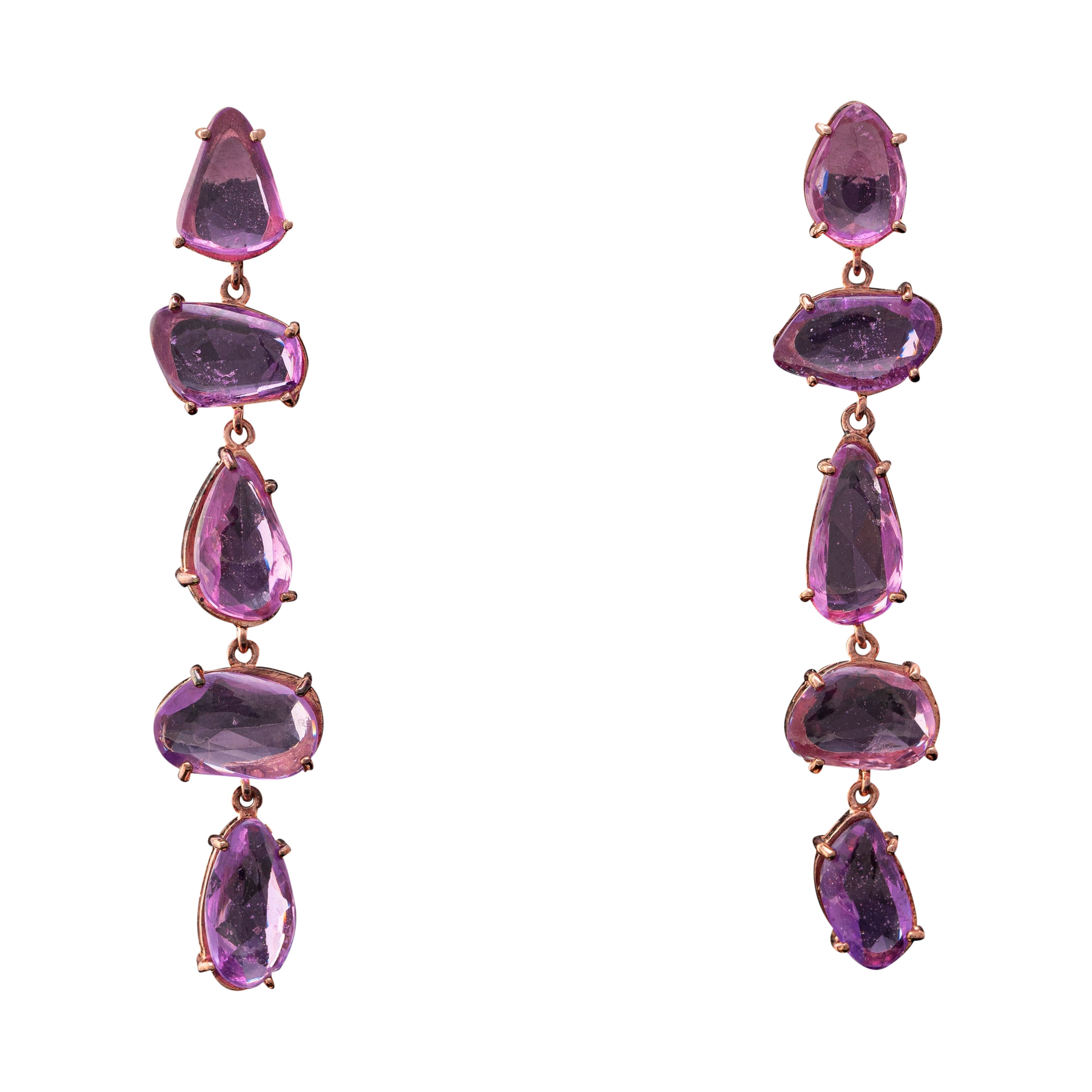 Certified 12 Carat Pink Sapphire Rose Cut Drop Earrings Set in Pink Gold For Sale