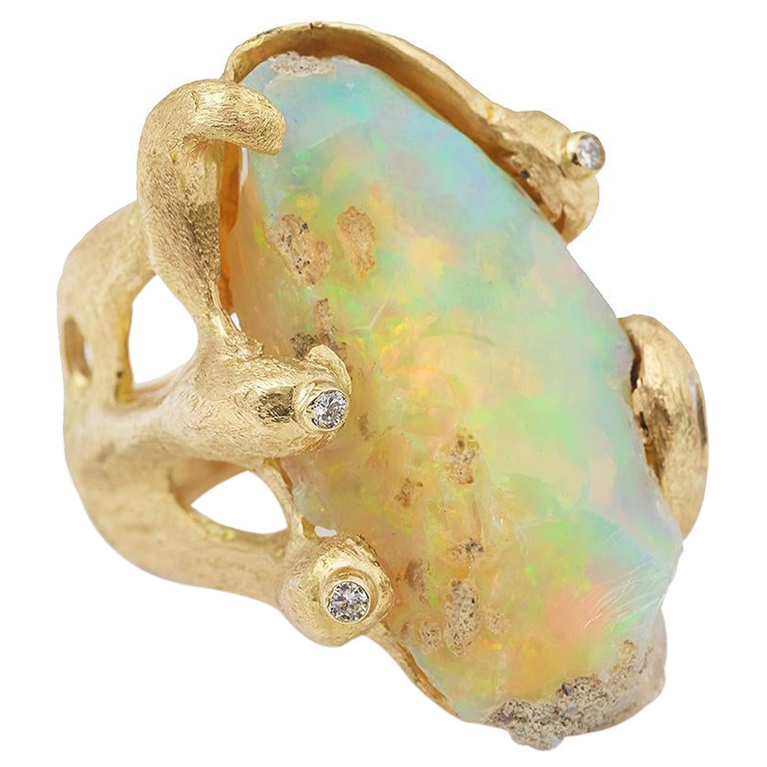 Rough Opal Diamonds 18 Carats Yellow Gold Rocaille Ring For Sale