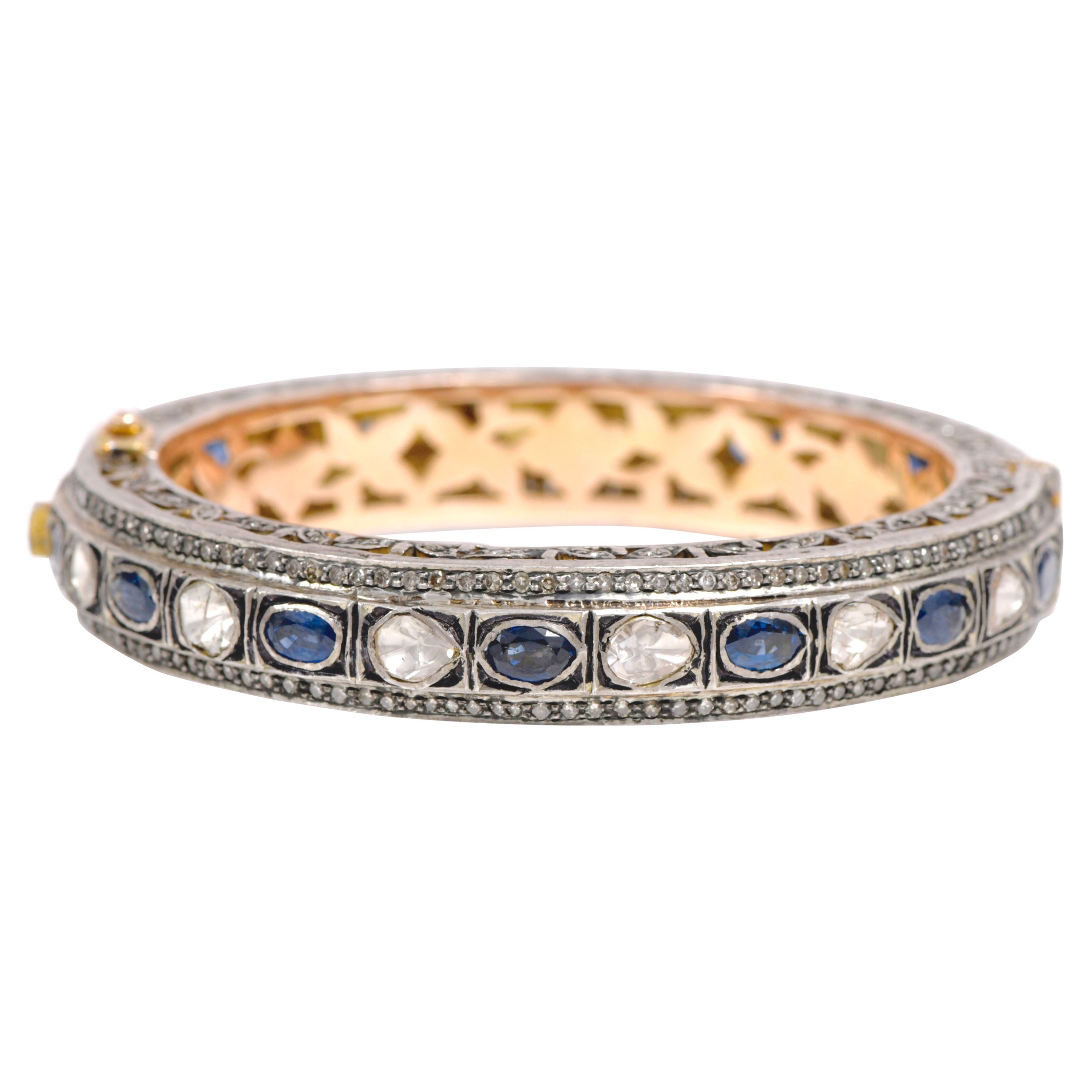 Diamond and Blue Sapphire Tennis Bangle in Art Deco Style For Sale