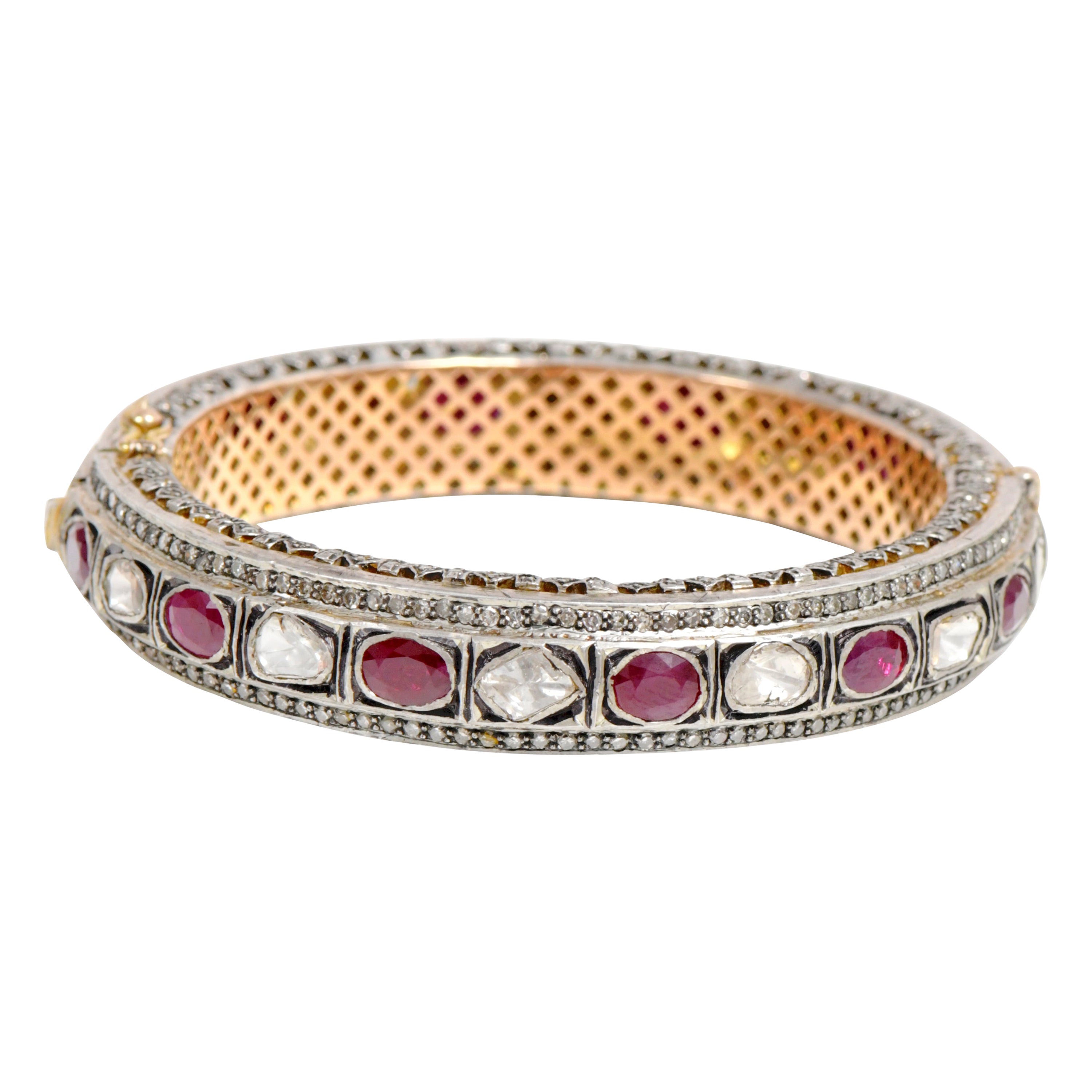 Diamond and Ruby Tennis Bangle in Art-Deco Style For Sale