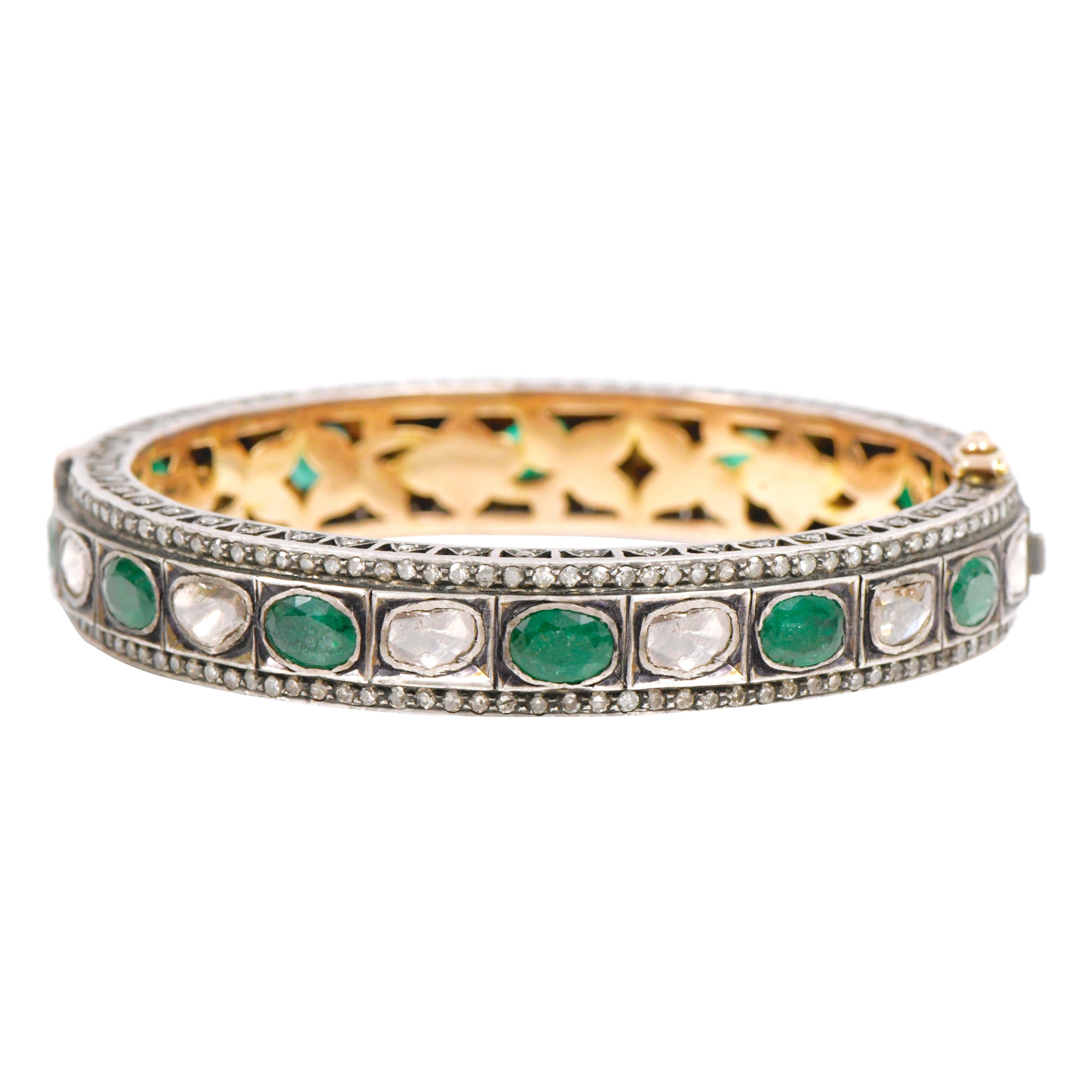 Diamond and Natural Emerald Tennis Bangle in Art Deco Style  For Sale