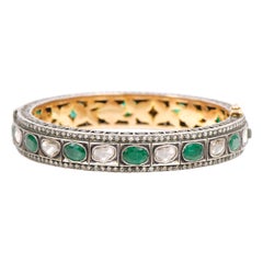 Diamond and Natural Emerald Tennis Bangle in Art Deco Style 
