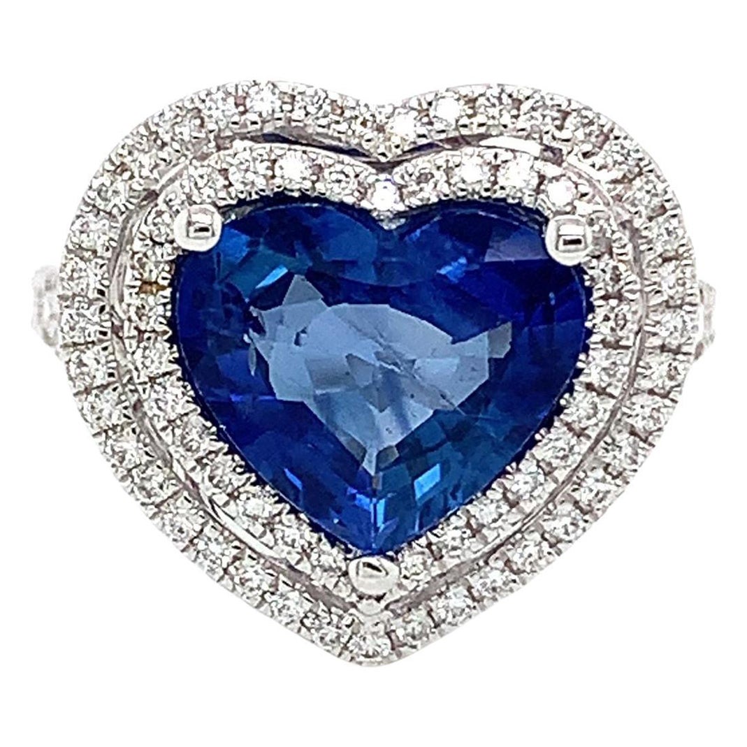 18 Karat White Gold Heart Shape Ceylon Sapphire & Diamond Ring 3.58 Carats