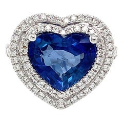 18 Karat White Gold Heart Shape Ceylon Sapphire & Diamond Ring 3.58 Carats