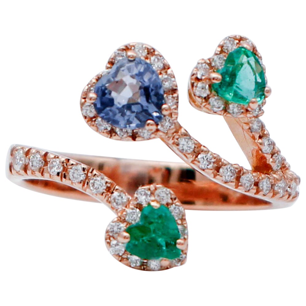 Emeralds, Sapphire, Diamonds, 18 Karat Rose Gold Ring For Sale
