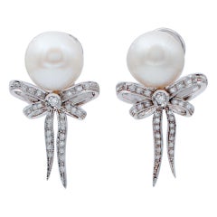 Pearls, Diamonds, 14 Karat White Gold Bow-Shaped Earrings