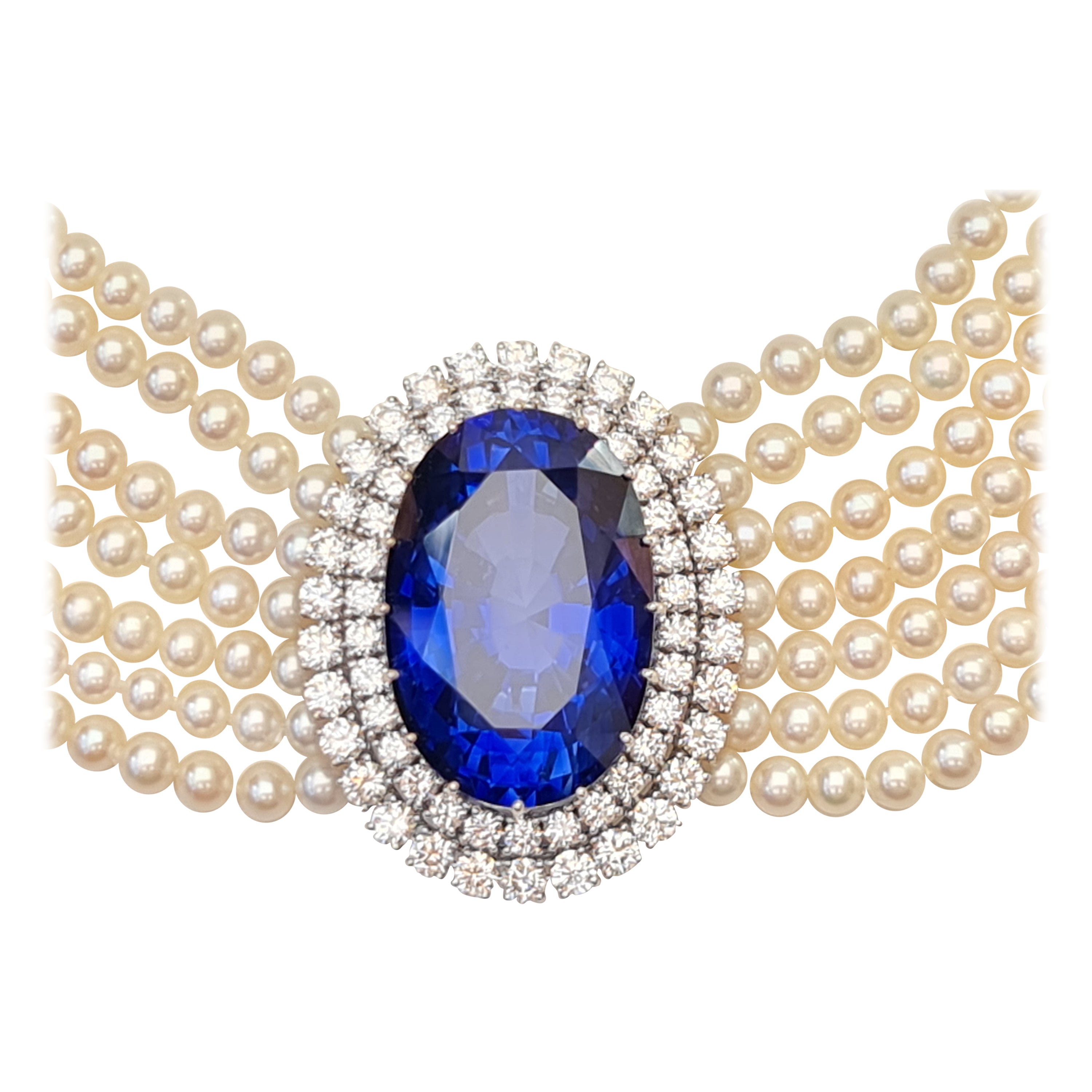 65.00ct.  Sapphire, 7.71ct. Natural Diamonds, 20.2 Carat Pearl Choker For Sale