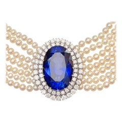 Vintage 65.00ct.  Sapphire, 7.71ct. Natural Diamonds, 20.2 Carat Pearl Choker